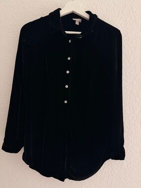 J. Jill Vintage Black Velvet Blouse | Rayon Silk Button Down Hidden Placket